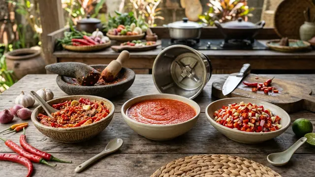Perbedaan Hasil Sambal yang Diulek, Diblender dan Dicincang (AI Generated)