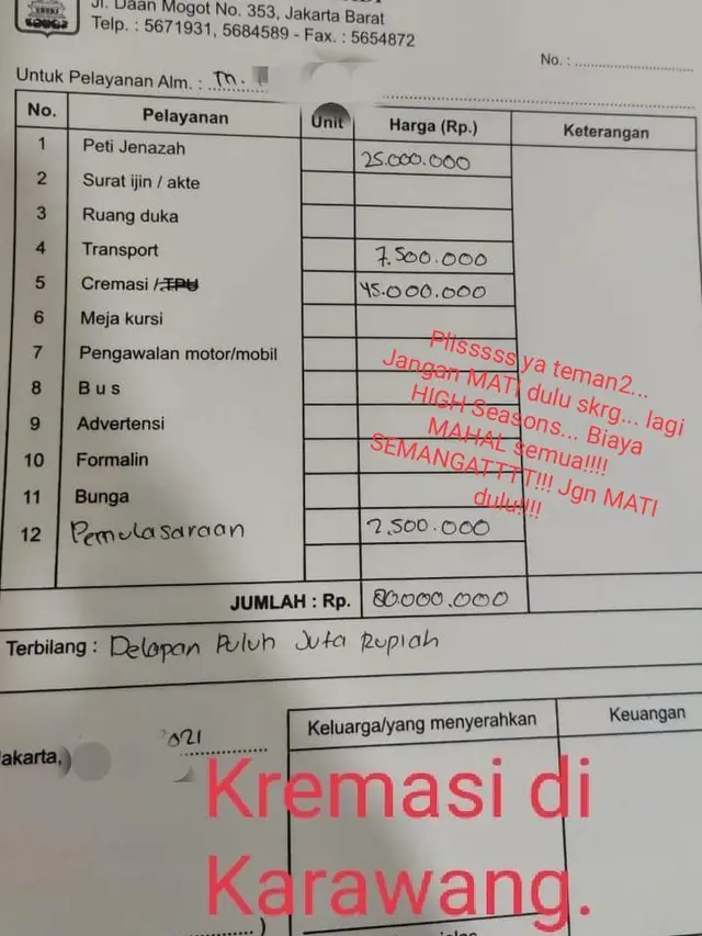 Tagihan rumah duka Rp 80 Juta