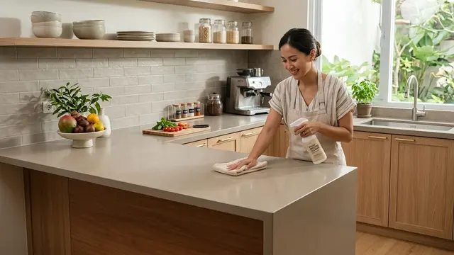 Meja Dapur Warna Beige atau Greige dengan Permukaan Polos (AI Generated)
