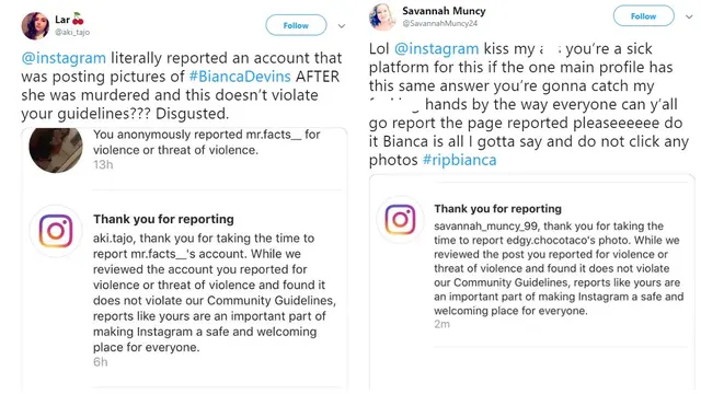 Screen Capture pengguna Twitter yang protes tentang kebijakan Instagram soal persebaran foto Bianca Devins (Twitter)