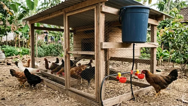 Kandang Ayam dengan Sistem Minum Otomatis (Foto: Gemini AI)