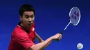 Ganda putra Indonesia, Kevin Sanjaya dan Marcus Gideon saat final All England di Birmingham, Minggu (12/3/2017). Keduanya tahun ini akan berjuang untuk mempertahankan gelar juara All England. (AFP/Justin Tallis)