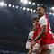 Kai Havertz (Kiri) merayakan mencetak gol pertama timnya bersama Gabriel Jesus pada pertandingan sepak bola Grup B Liga Champions UEFA antara Arsenal dan RC Lens di Stadion Arsenal di London utara pada 29 November 2023. (Ian Kington / IKIMAGES / AFP)