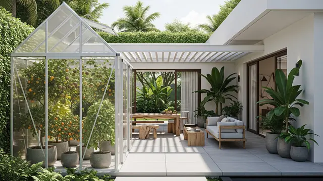 Teras Modern dengan Greenhouse Mini