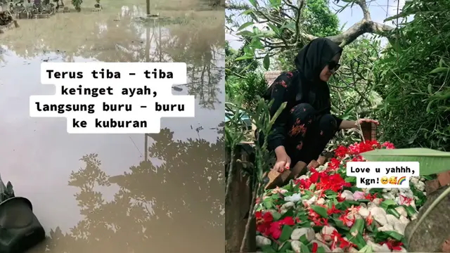 Seorang anak ziarah ke makam ayahnya