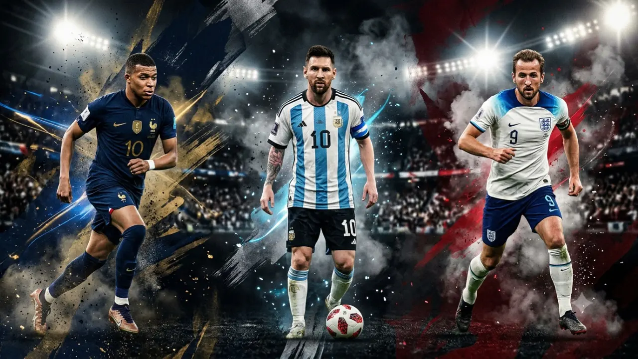 Ilustrasi Kylian Mbappe, Lionel Messi, Harry Kane
