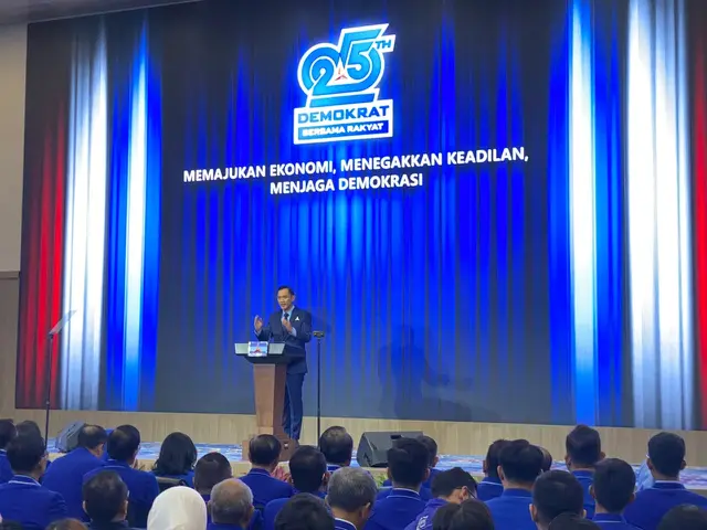 AHY pidato politik HUT ke-25 Partai Demokrat. (liputan6.com/Rfqy alief Abbiya).
