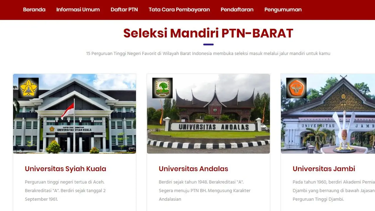 Laman resmi Seleksi Mandiri Masuk Perguruan Tinggi Negeri Wilayah Barat atau SMMPTN Barat 2019