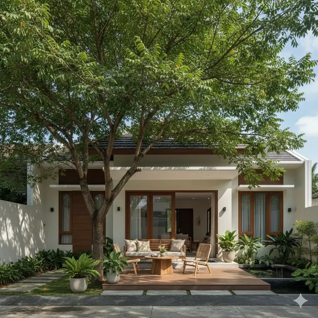 Model Rumah Japandi dengan Teras Mini dan Ketapang Kencana (Foto: Gemini AI)