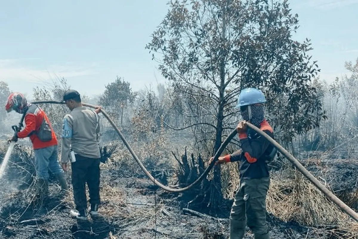 Personel Satgas Karhutla Riau memadamkan kebakaran lahan beberapa waktu lalu.