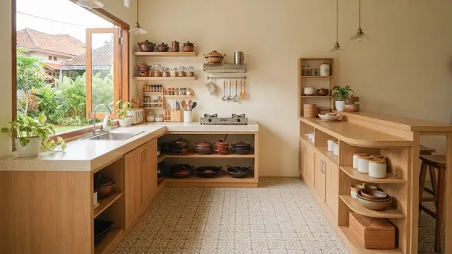 Desain dapur yang tidak terasa pengap dan cocok sebagai ide penataan yang bikin ruangan terasa lebih lega model sisakan jalur gerak di tengah dapur
