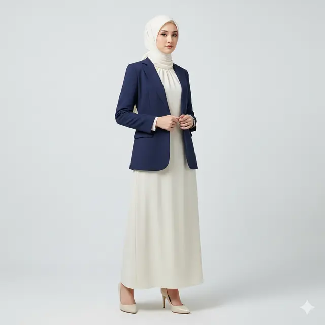 Inspirasi Long Dress Muslim Polos Kombinasi Blazer Formal. (via Gemini)