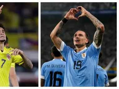Dua raksasa Amerika Selatan, Argentina dan Brasil kompak kalah dari lawan-lawannya pada laga lanjutan Kualifikasi Piala Dunia 2026 Zona Conmebol, Jumat (17/11/2023) pagi WIB. Argentina yang dperkuat Lionel Messi dan berstatus pemuncak klasemen sementara menyerah 0-2 dari tamunya Uruguay. Sementara Brasil yang bertandang ke markas Kolombia keok 1-2 dan harus turun ke peringkat ke-5 klasemen sementara. Uniknya, biang kerok kekalahan dari kedua raksasa Amerika Selatan tersebut adalah berkat gol-gol dua pemain asal Liverpool, Darwin Nunez di kubu Uruguay dan David Luiz di kubu Kolombia. (Kolase Foto AFP)