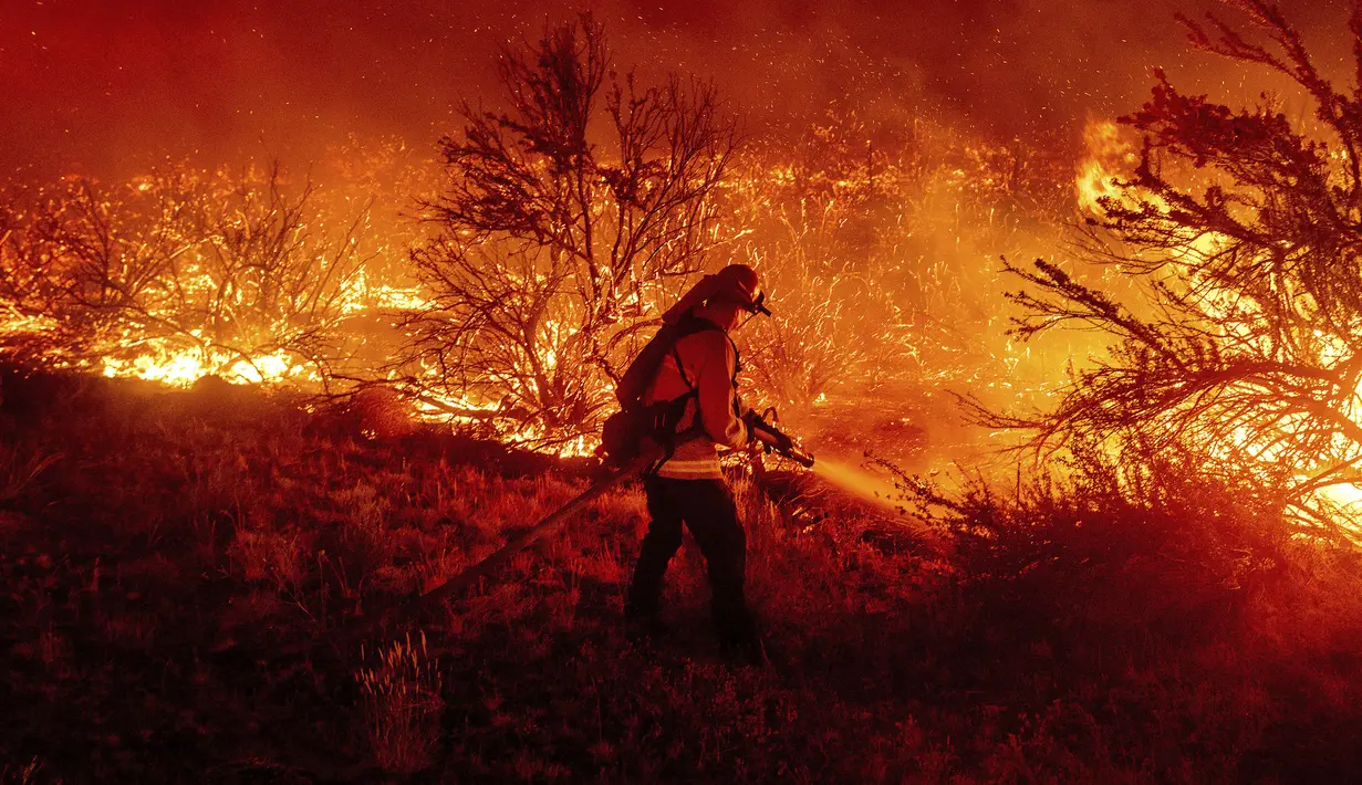 Seorang petugas pemadam kebakaran memerangi Dixie Fire yang menjalar ke Highway 395 di selatan Janesville, Lassen County, California, Amerika Serikat, Senin (16/8/2021). Kebakaran hutan mengancam untuk menyebarkan ke beberapa wilayah di California utara. (AP Photo/Noah Berger)