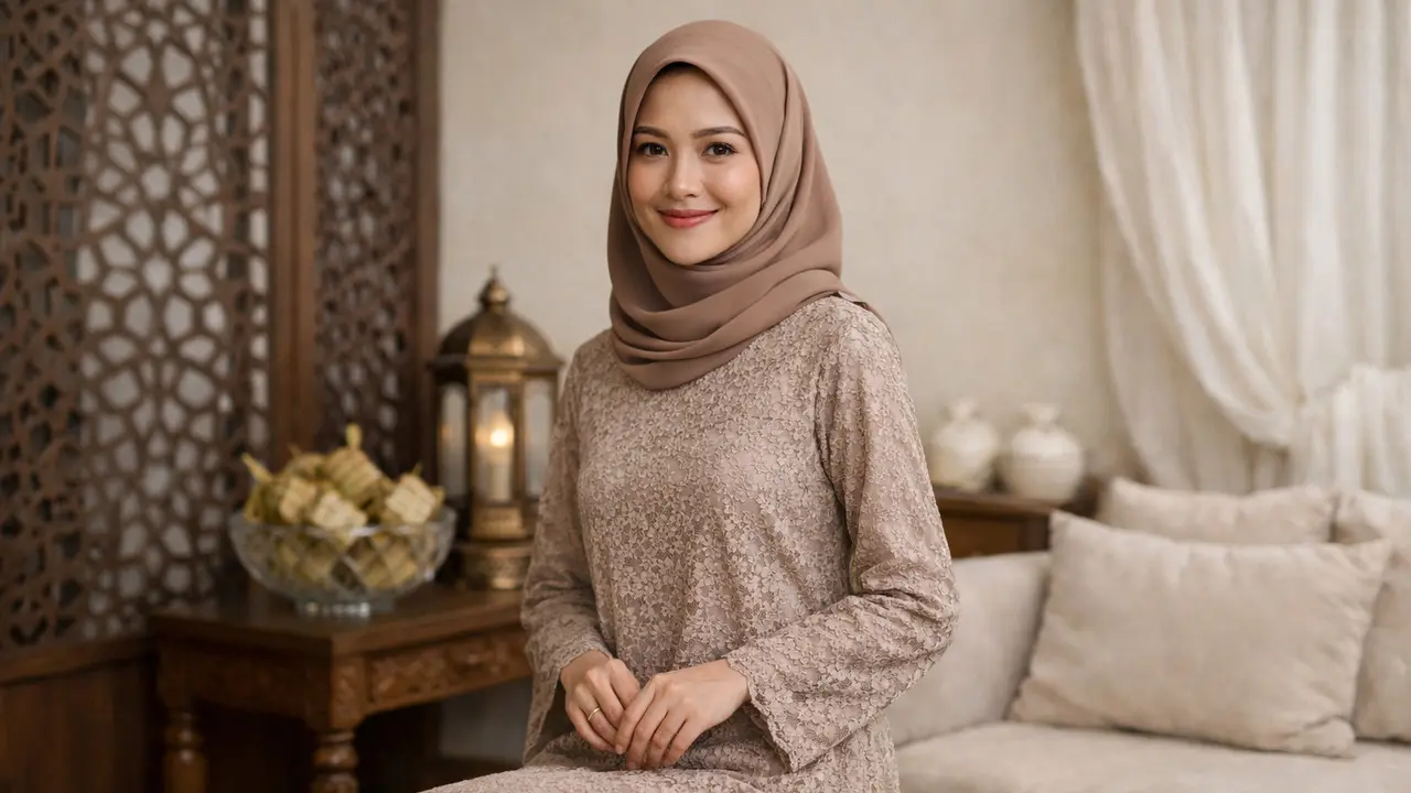 Gamis Brokat 2 Layer Warna Netral (Foto: ChatGPT)