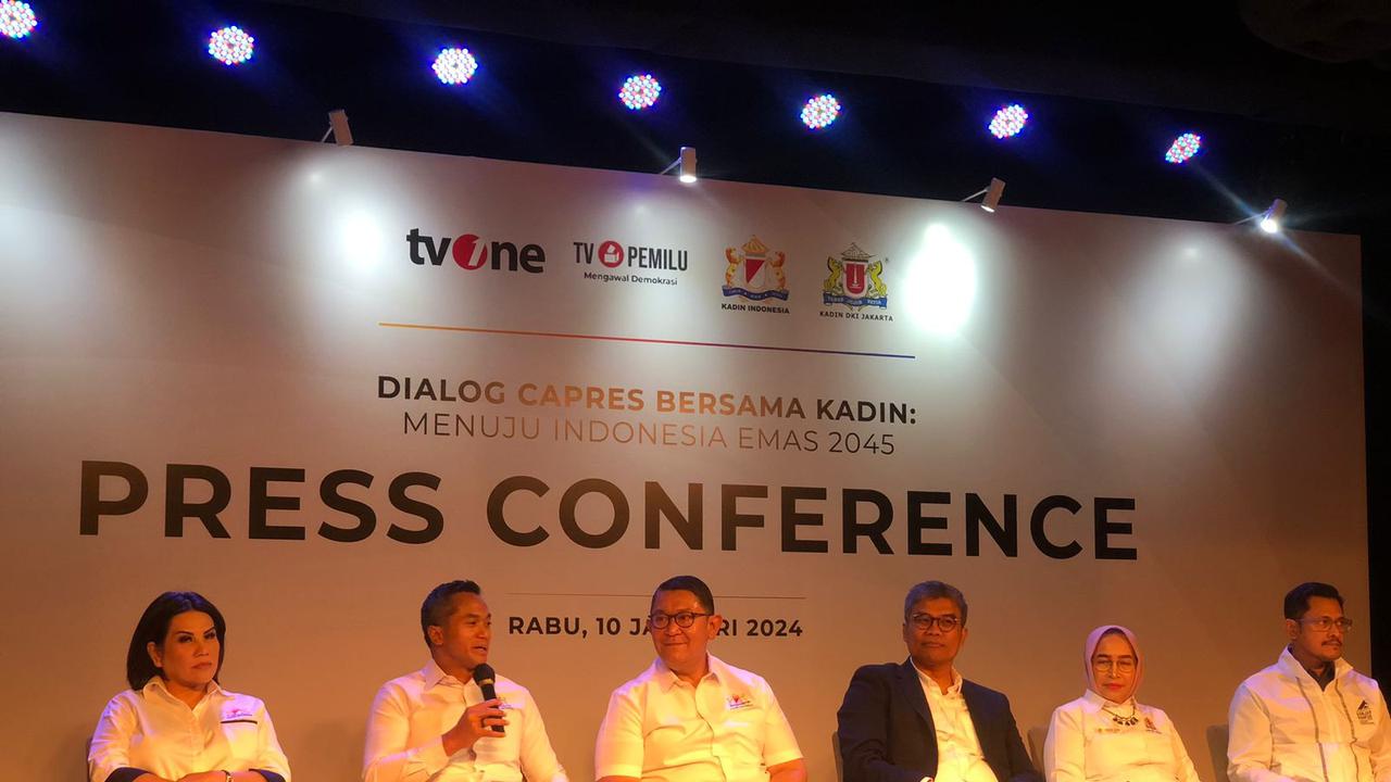 Konferensi Pers Dialog Capres Bersama Kadin: Menuju Indonesia Emas 2045, di Djakarta Teater – Lounge Area, Jakarta Pusat, Rabu (10/1/2024). (Tira/Liputan6.com)