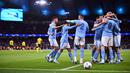 Pemain Manchester City melakukan selebrasi setelah Erling Haaland mencetak gol ke gawang Young Boys pada laga lanjutan Grup G Liga Champions 2023/2024 di Etihad Stadium, Manchester Inggris, Rabu (08/11/2023) WIB. (AFP/Oli Scarff)