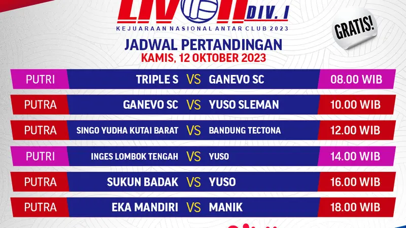 Jadwal dan Live Streaming Livoli Divisi 1 2023 12 Oktober di Vidio