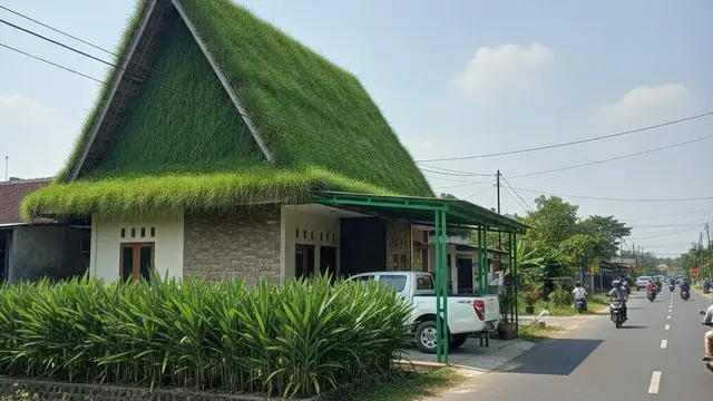 Desain Landscape Rumah di Desa Dekat Jalan Raya. AI