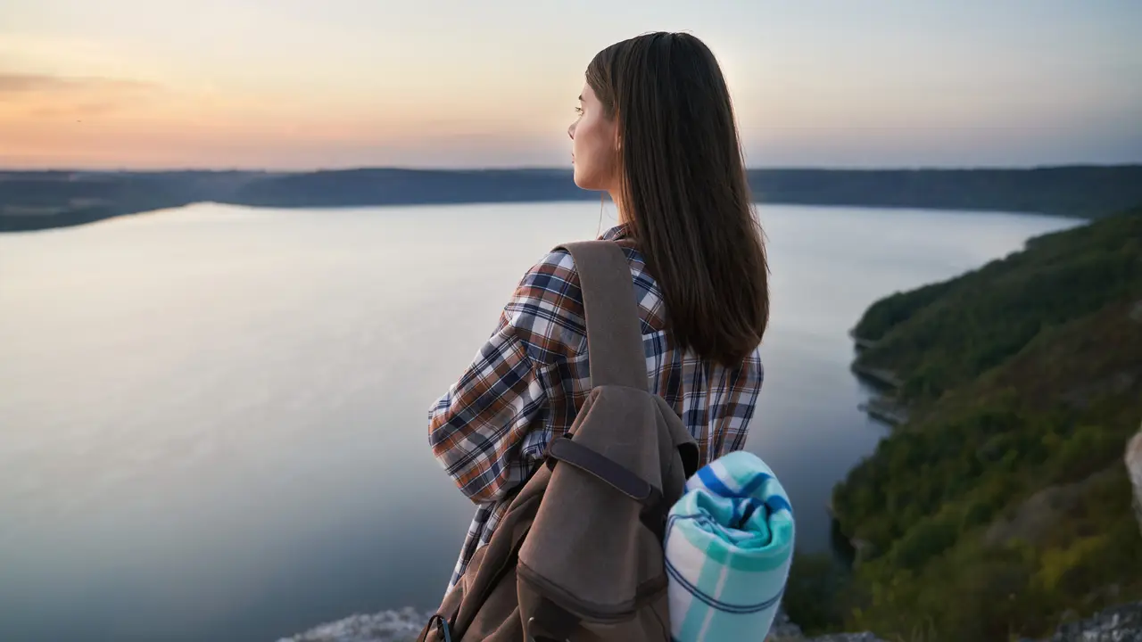 Seorang perempuan sedang menikmati sunset di tepi tebing (Foto Dok: Freepik/serhii_bobyk)