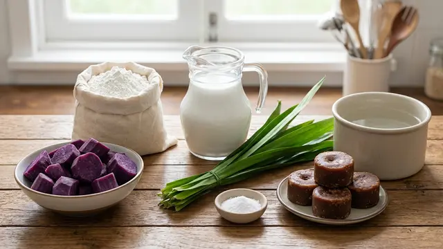 Ilustrasi resep bubur sumsum ubi ungu dengan gula merah