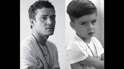 Ryker tampak meniru gaya busana dan pose penyanyi Justin Timberlake. (instagram.com/ministylehacker)