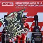 Momen selebrasi Pecco Bagnaia saat memastikan titel juara dunia MotoGP 2023 di Sirkuit Ricardo Tormo, Valencia hari Minggu (26/11/2023). (JOSE JORDAN / AFP)