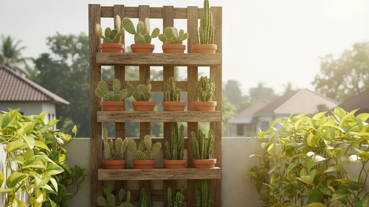 Model Balkon Rumah Sejuk dengan Tanaman Tahan Panas. AI