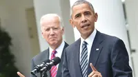 Presiden AS Barack Obama didampingi Wapres AS, Joe Biden memberikan pidato kemenangan capres dari Partai Republik, Donald Trump di Pilpres AS di Gedung Putih, Washington, DC (9/11).  (AFP PHOTO/Nicholas Kamm)