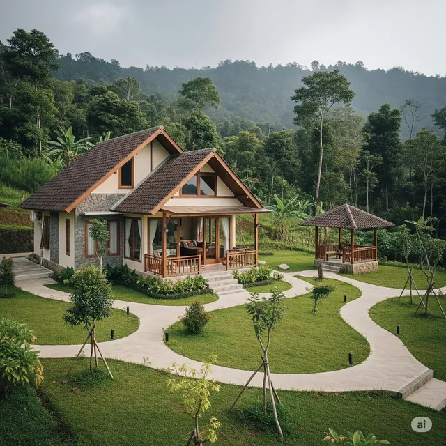 Model Rumah Sederhana Masa Tua yang Nyaman Cottage dengan Halaman Luas. Foto: Gemini