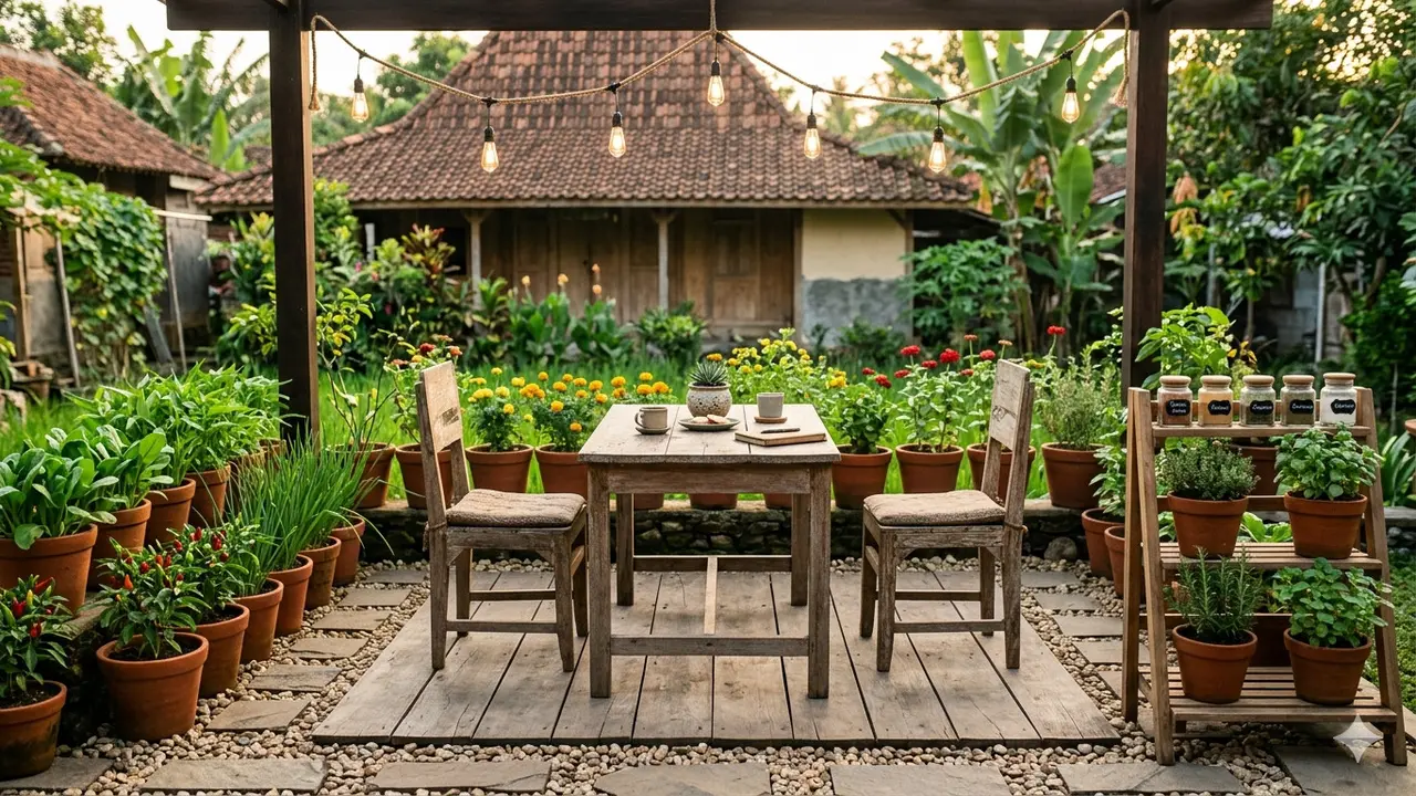 Desain Edible Garden Gaya Rustic di Halaman Belakang Rumah Desa.