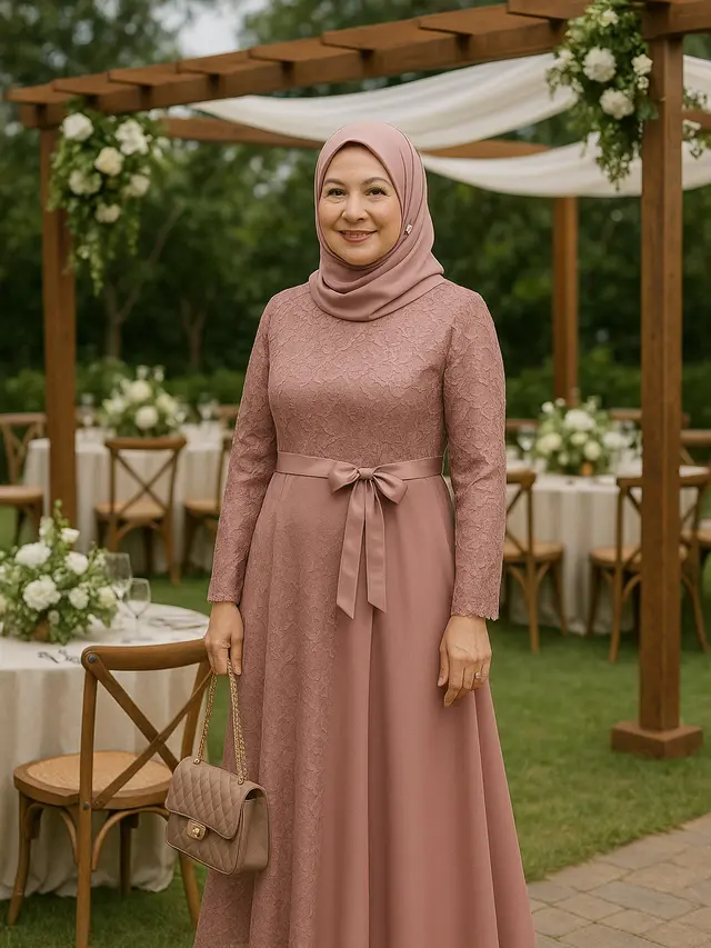 Model Gamis Brokat Tali Pinggang untuk Ibu-ibu Usia 40 Tahun