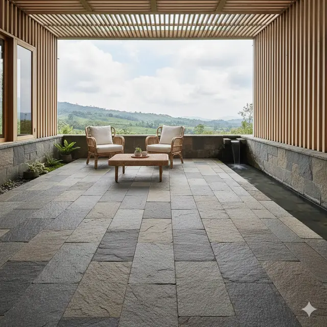 Inspirasi Teras Rumah yang Dingin Tanpa Tanaman Besar (Foto: Gemini AI)