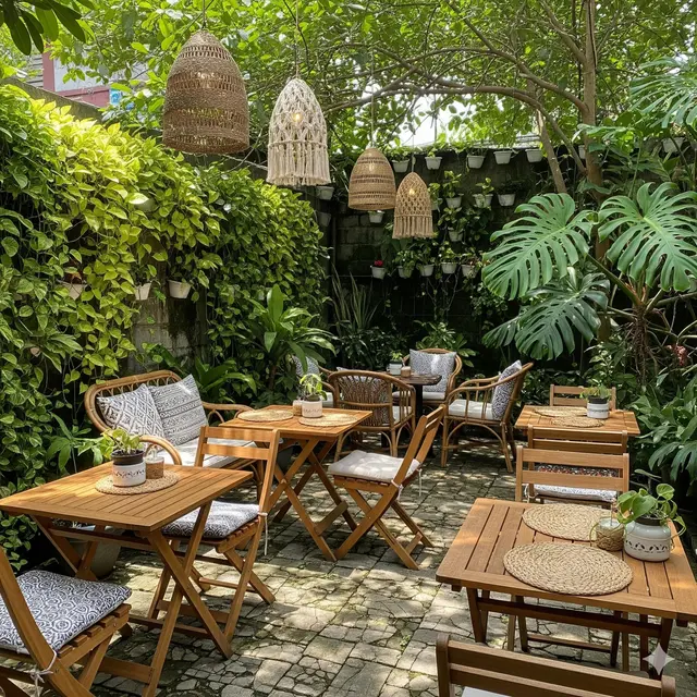Teras Kafe Outdoor dengan Meja Lipat & Kursi Rotan