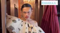 Celebrity Stylist Wanda Hara bergaya ala Cruella mengenakan off shoulder dress motif polkadot. [@zaskiasungkar15]