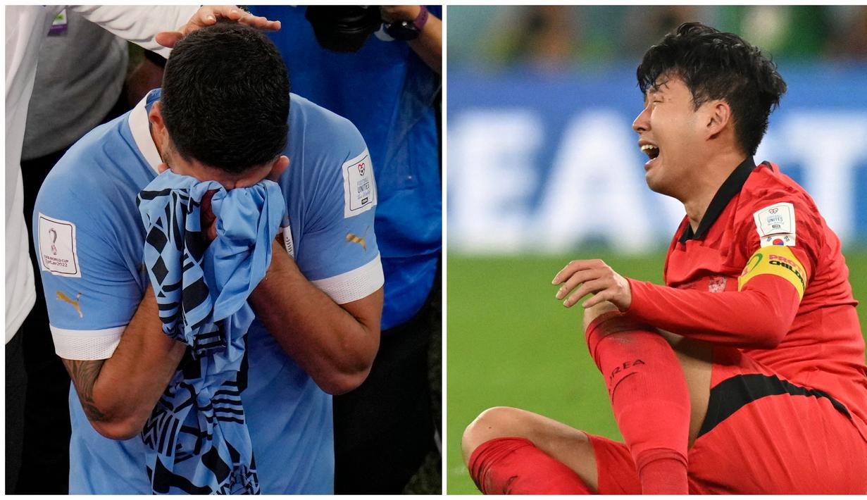 Foto kolase ekspresi tangisan dua pemain bintang Son Heung-min (kanan) dan Luis Suarez mewarnai laga pamungkas grup H Piala Dunia 2022, Jumat (2/12/2022). (Foto-foto: AFP/Glyn Kirk, AP Photo/Aijaz Rahi)