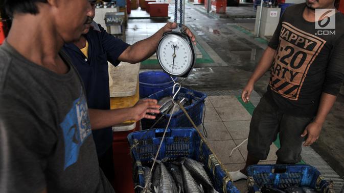 Pedagang menimbang ikan di Pasar Ikan Modern (PIM) Muara Baru, Jakarta, Kamis (21/2). PIM Muara Baru memiliki Instalasi Pengolahan Air Limbah, cold storage, lokasi bongkar muat hingga food court. (Merdeka.com/Iqbal Nugroho)