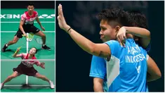 Apriyani Rahayu / Siti Fadia Silva Ramadhanti (kanan) dan Dejan Ferdinansyah / Gloria Emanuelle Widjaja (kiri) saat pertandingan semifinal ganda putri dan ganda campuran turnamen bulu tangkis Malaysia Open 2023 di Bukit Jalil Axiata Arena, Kuala Lumpur, Malaysia, Sabtu (14/1/2023). (AP Photo/Kien Huo/Vincent Thian)
