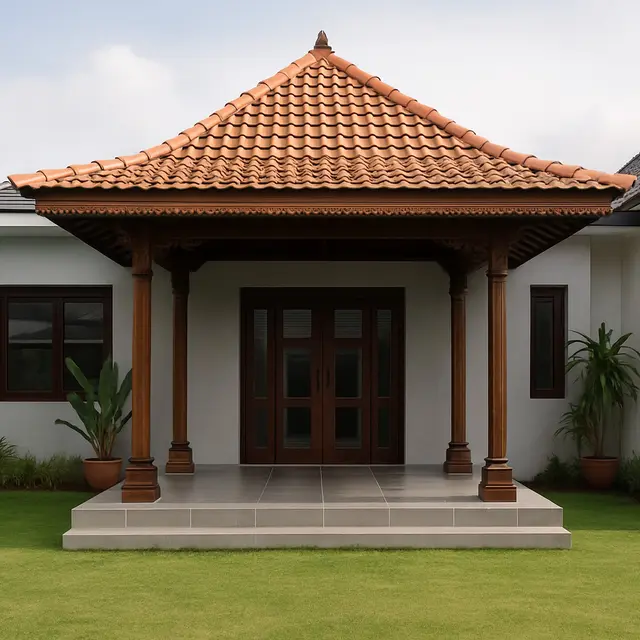 Model Teras Rumah Joglo Modern Model Tiang Kayu dan Lantai Granit/Via ChatGPT