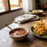 Resep Pangsit Goreng Isi Sayur dengan Saus Cocolan Pedas (AI Generated)