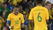Ekspresi striker tim nasional Brasil, Neymar, usai mencetak gol ke gawang Jerman, pada pertandingan final cabang sepak bola Olimpiade 2016, di Stadion Maracana, Rio de Janiero, Sabtu atau Minggu (21/8/2016) dini hari WIB. (AFPLuis Acosta). 