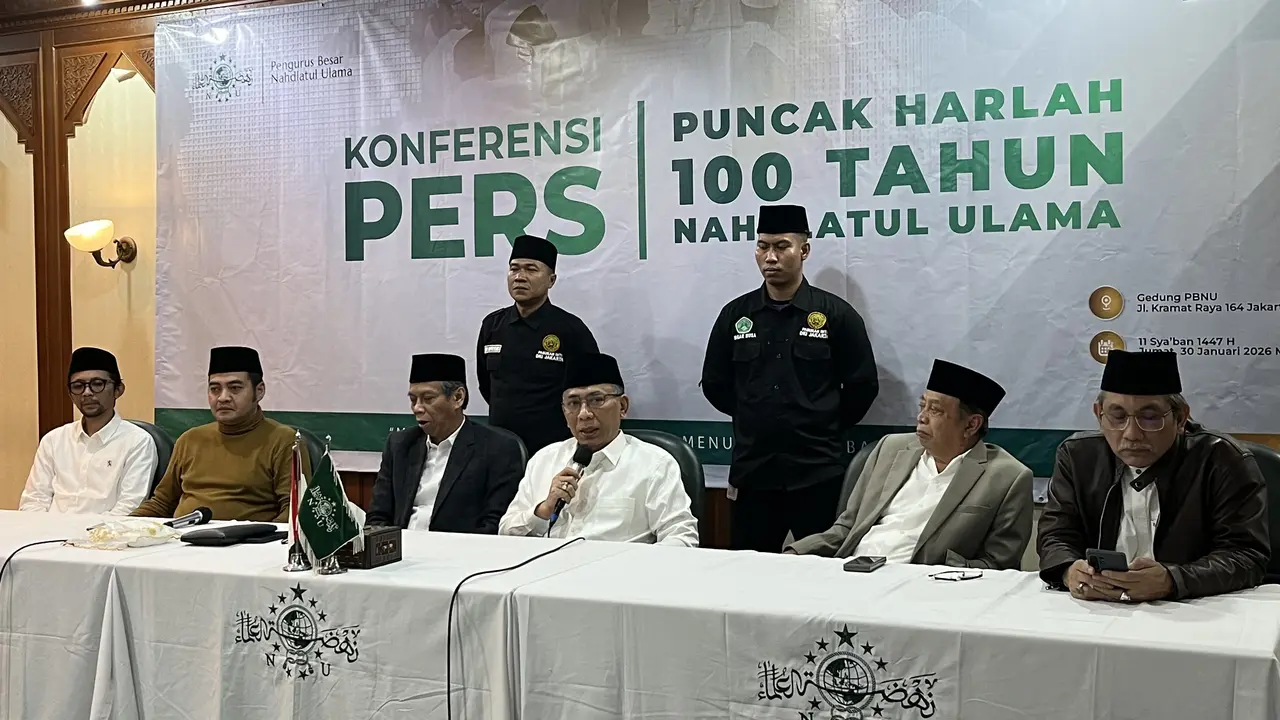 Ketua Umum PBNU Yahya Cholil Staquf atau Gus Yahya Konferensi Pers Puncak Harlah 1 Abad NU