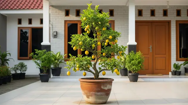 Pohon Buah dalam Pot Bentuk Rapi untuk Penghias Teras