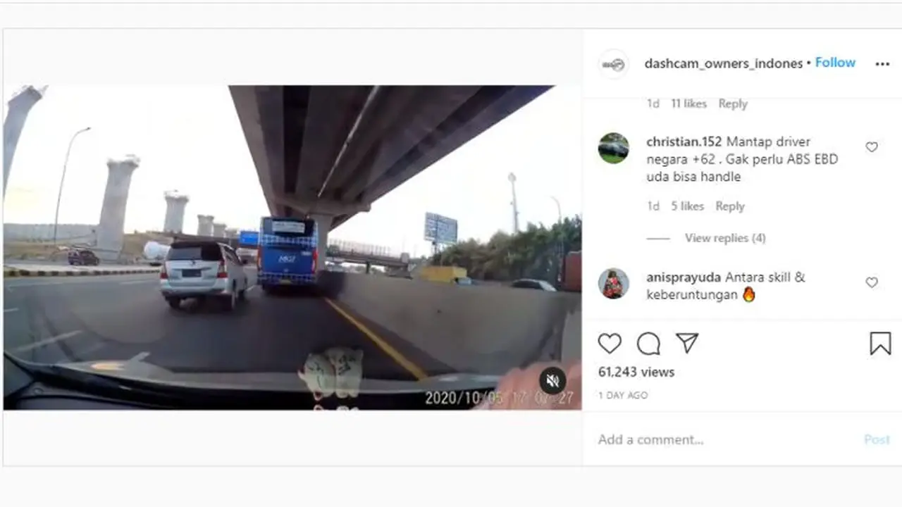 Pengemudi Mobil Ini Nyaris 'Nyium' Bus di Jalan Tol (Instagram @dashcam_owners_indonesia)