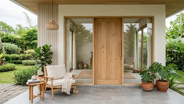 Pintu Kayu Natural dengan Jendela Kaca Tinggi Bergaya Japandi (AI Generated)