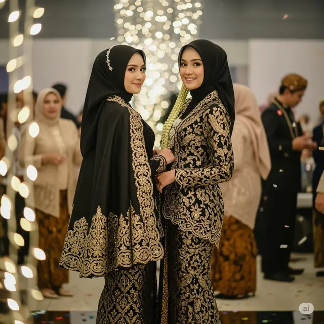 Gamis Hitam Kombinasi Emas Pesta Glamor. Foto: Gemini