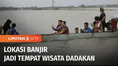 Lokasi banjir di Grobogan, Jawa Tengah, berubah menjadi tempat wisata dadakan. Naik ojek perahu hingga berenang, menjadi aktivitas warga saat mengunjungi hamparan sawah yang terendam banjir.