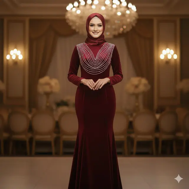 Model V-Neck dengan Payet Drapery (Gemini AI)