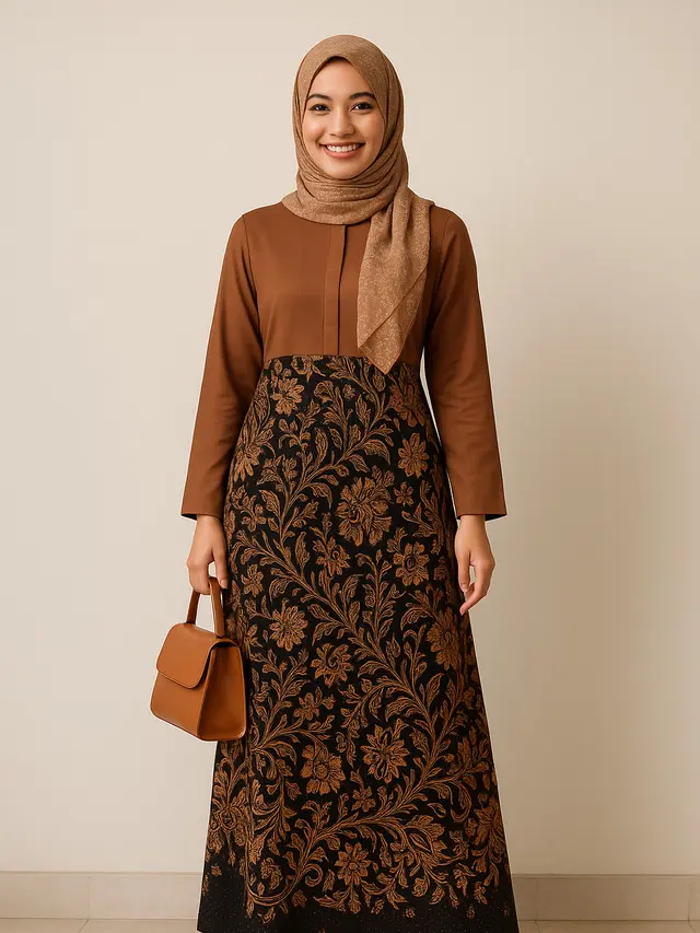 Model Gamis Batik Kombinasi Polos Kerah Shanghai 2025/ Ilustrasi gambar oleh AI