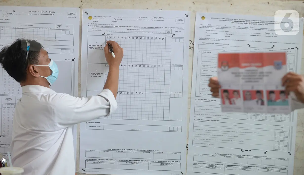 Petugas KPPS mencatat hasil penghitungan suara di TPS 36 Perumahan Griya Pamulang 2, Tangerang Selatan, Rabu (9/12/2020). Sebanyak 976.019 orang terdaftar dalam Daftar Pemilih Tetap (DPT) pada Pilkada Tangsel 2020 yang diikuti tiga pasang calon Wali Kota dan Wakil Wali Kota (merdeka.com/Dwi Narwoko)